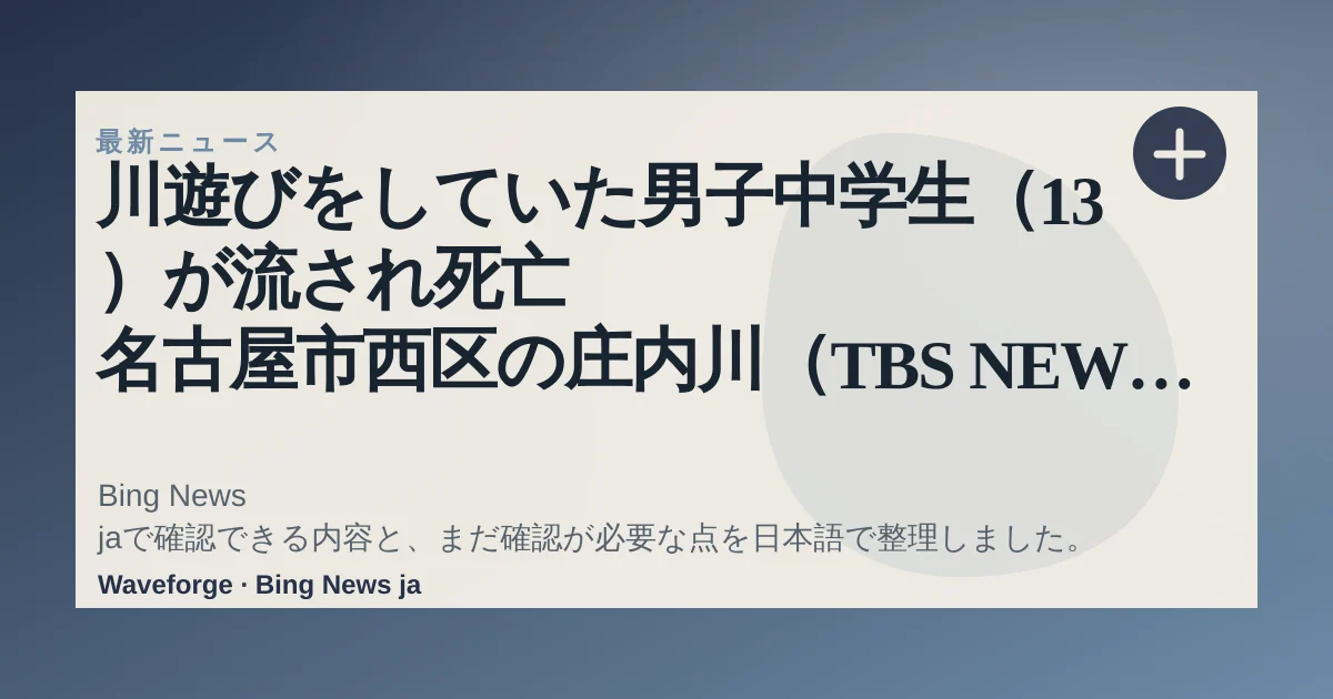 川遊びをしていた男子中学生(13)が流され死亡 名古屋市西区の庄内川(TBS NEWS DIG Powered by JNN) - Yahoo!ニュース:要点整理 — source-led trend brief illustration
